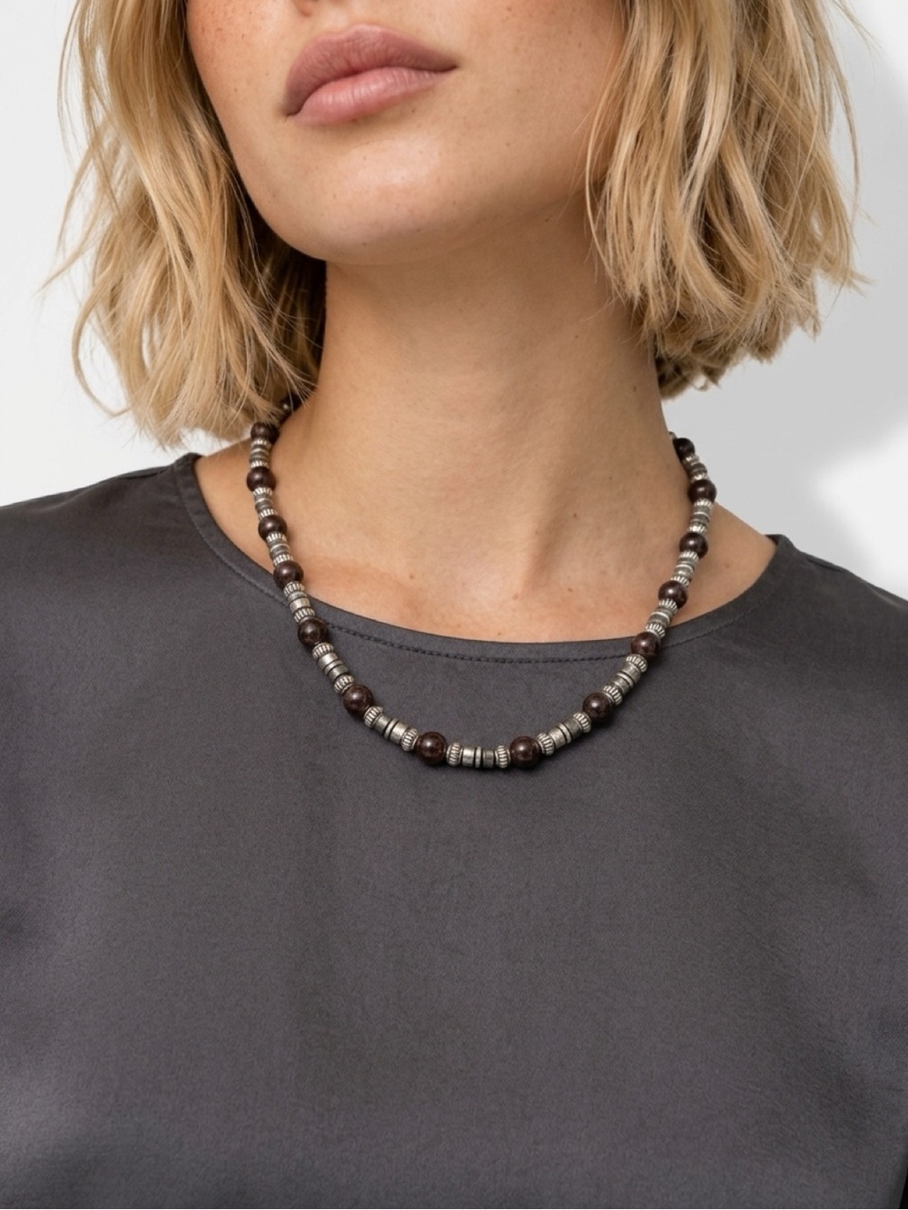 Handmade Boho Style Almandine Garnet Bead and Silver Accent Necklace .
